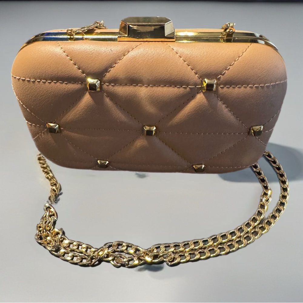Elegant Tan Quilted Clutch with Gold Accents